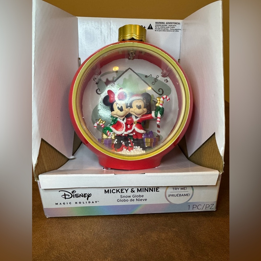 NWT Disney Mickey & Minnie Holiday Snow Globe - Red and Gold